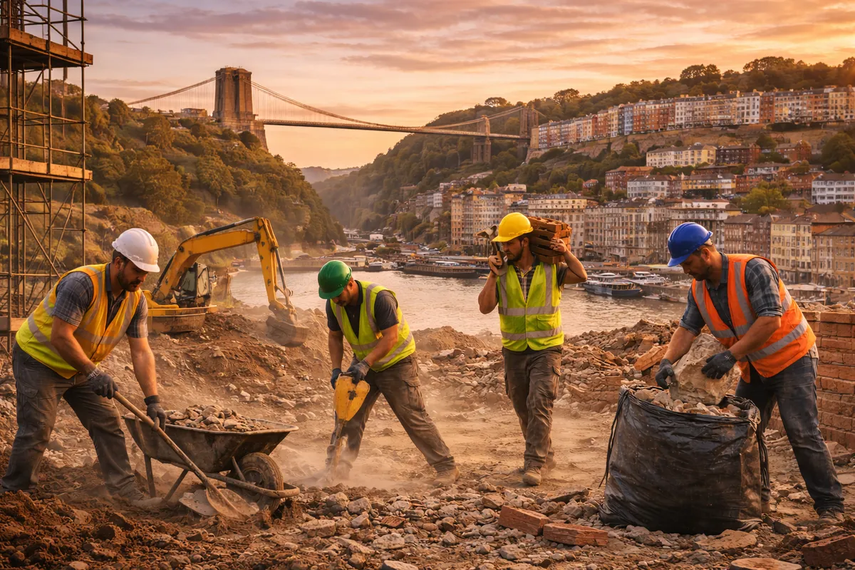 Construction labourers working on a building site with the Bristol skyline in the background