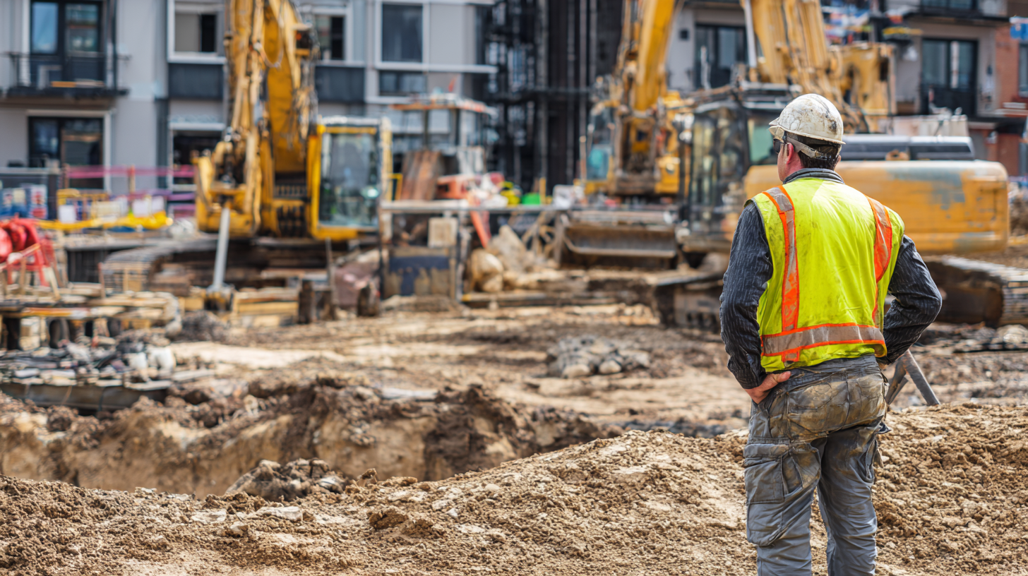 Ground worker laying drainage pipe in a trench on a UK construction site