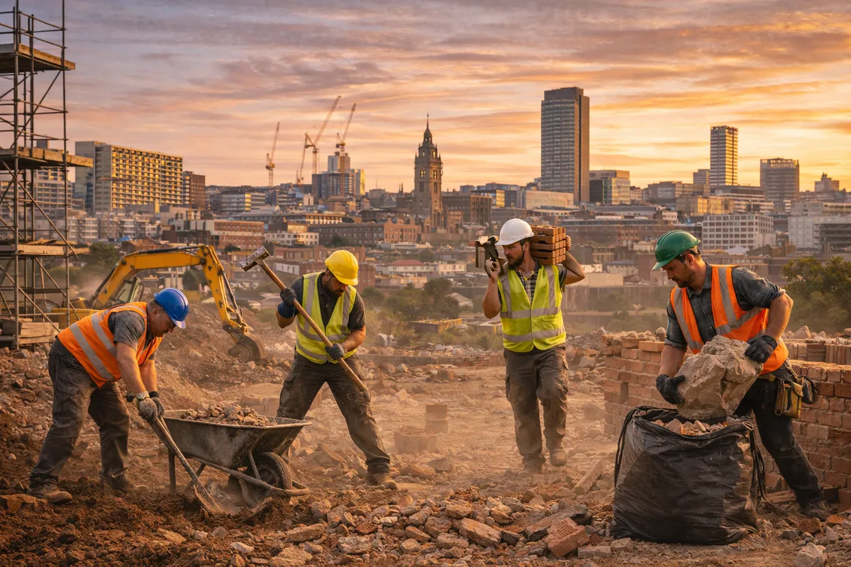Construction labourers working on a building site with the Sheffield skyline in the background